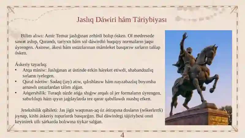 Amir Temur ullı mámleketlik ǵayratker (Qaraqalpaq tilinde) 4