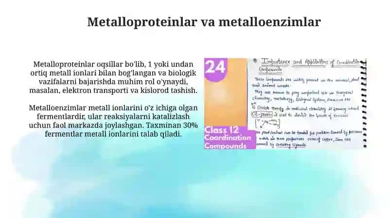 Koordinatsion birikmalarning biologik jarayonlardagi roli 4