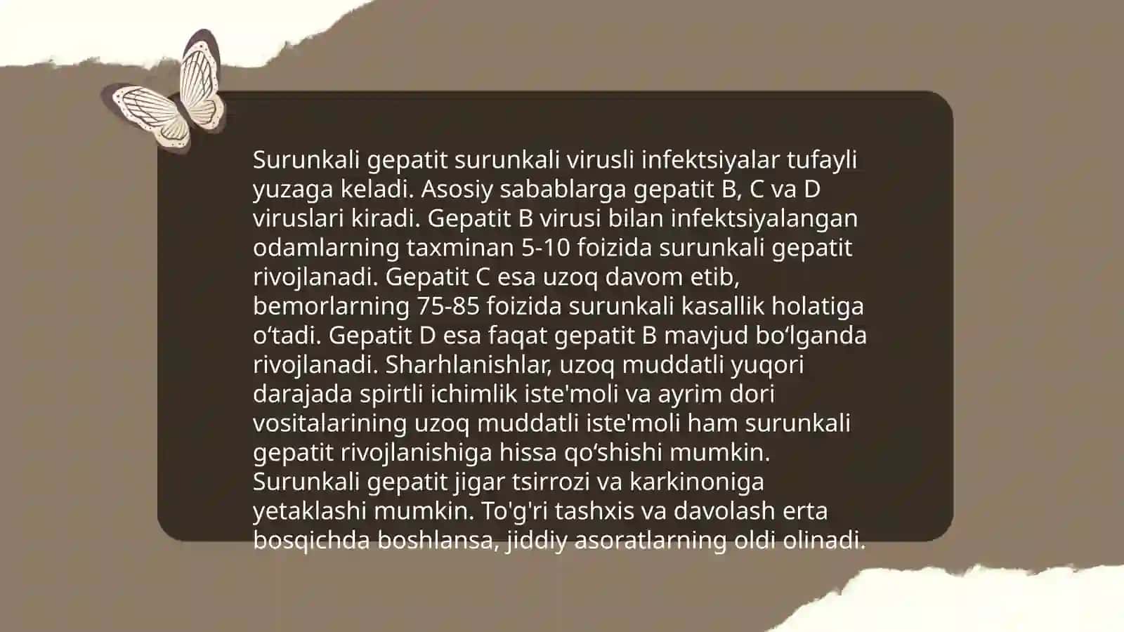 Surunkali gepatitlar. Xolesistidlarda yog'lar hazmlanishi buzilishi (steatoreya). Lipidlarning peroksidlanishi va hujayra shikastlanishi patogenezidagi ahamiyati 4