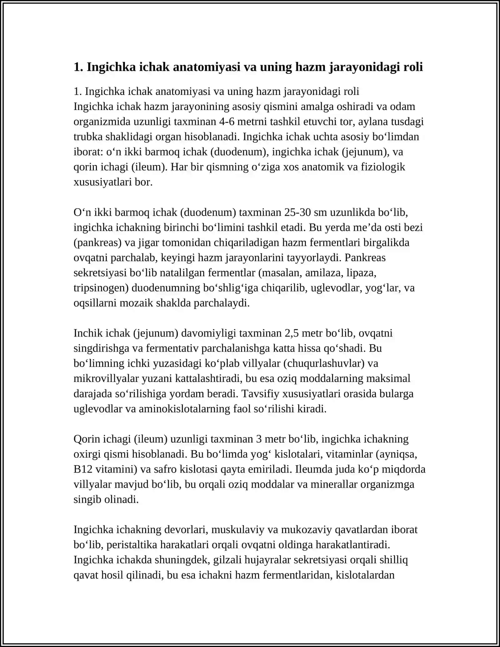 INGICHKA VA YO‘G‘ON ICHAKDA OVQAT HAZM BO‘LISHI. MEʼDA OSTI BEZI FIZIOLOGIYASI. PANKREATIK SEKRETSIYA 4