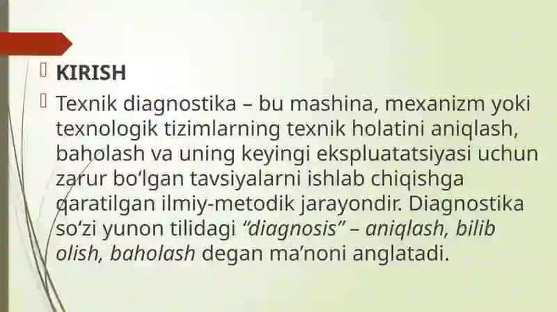 Avtomobil larni diagnostikaning maqsadi va vazifalari haqida yozilgan. 4
