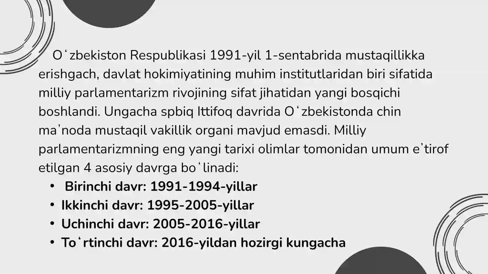 OLIY MAJLIS - OLIY VAKILLIK VA QONUN CHIQARUVCHI ORGAN 4