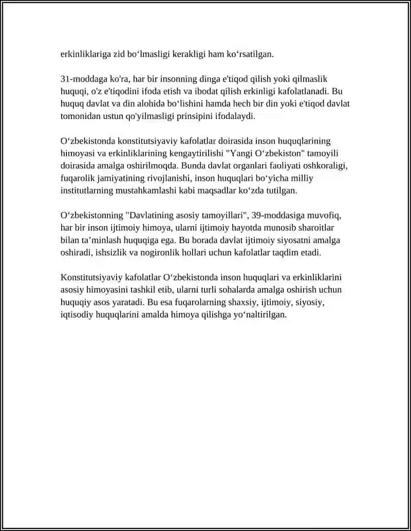 MUSTAQIL ISH Mavzu: YANGI OʻZBEKISTONDA INSON HAQ-HUQUQLARI VA ERKINLIKLARI KAFOLATINING YARATILISHI 4