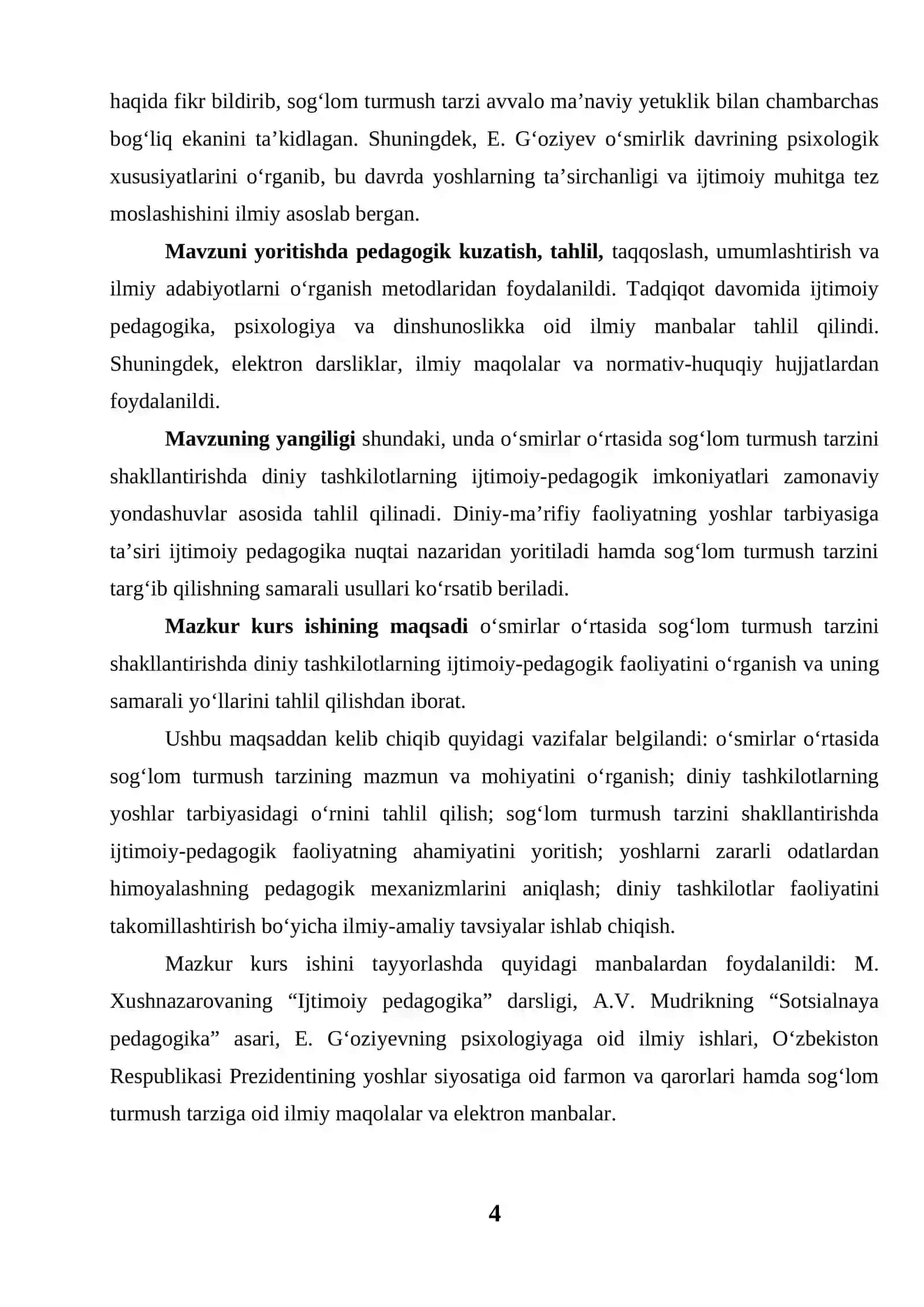 Oʻsmirlar oʻrtasida sogʻlom turmush tarzini shakllantirish boʻyicha diniy tashkilotlarning ijtimoiy pedagogika faoliyati 4