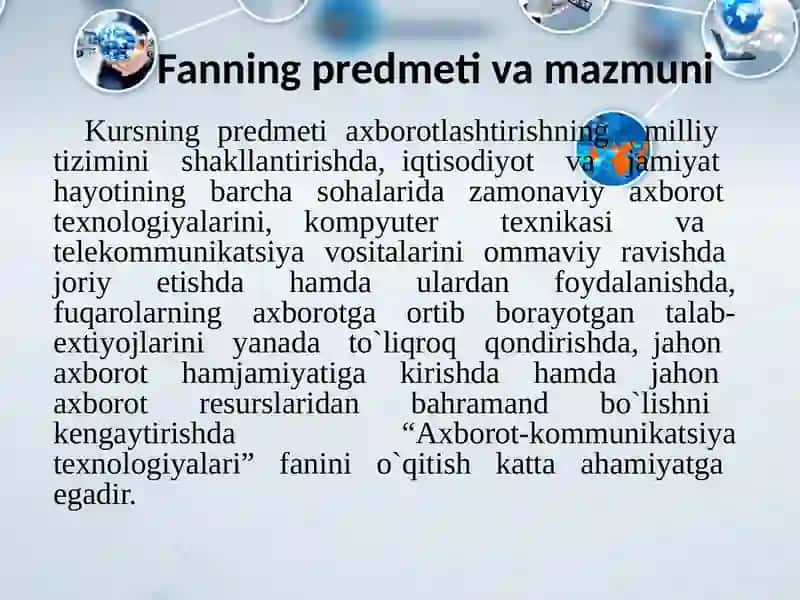 IQTISODIYOTDA AXBOROT-KOMMUNIKATSION TEXNOLOGIYALAR VA TIZIMLAR FANIGA KIRISH 4