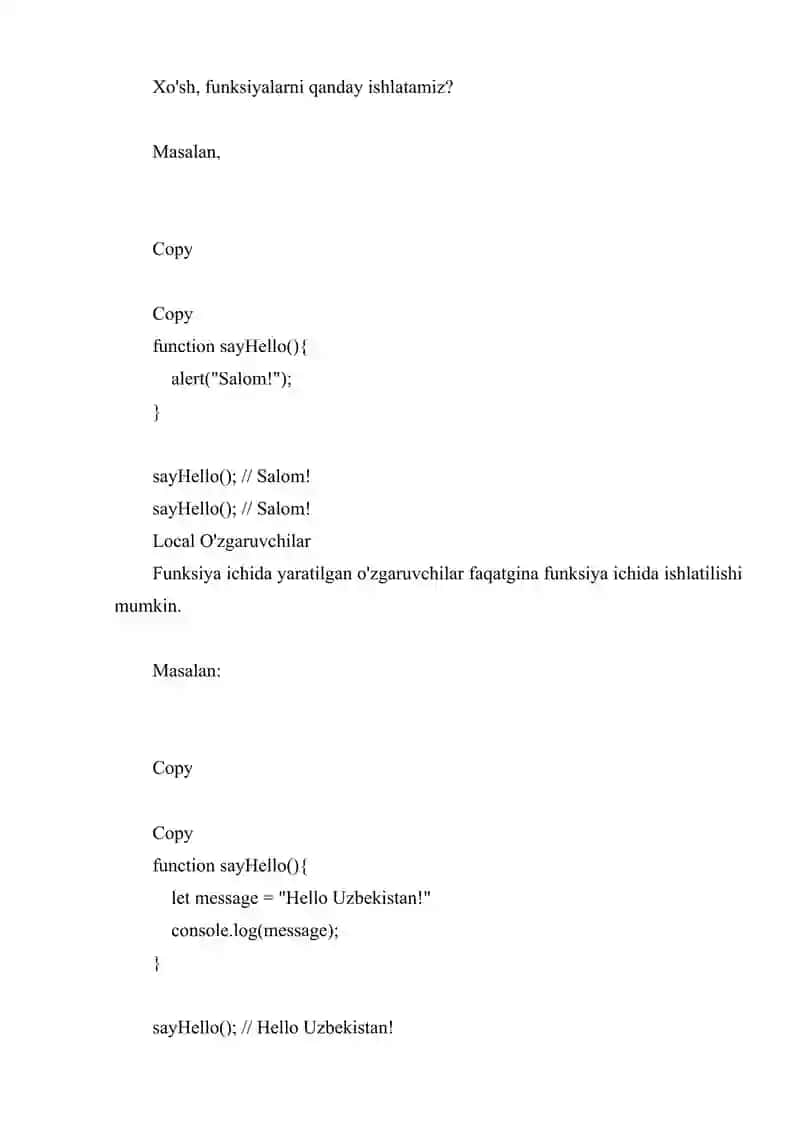 JAVASCRIPT FUNKSIYALARI E'LON QILISH VA CHAQIRISH TURLARI 4