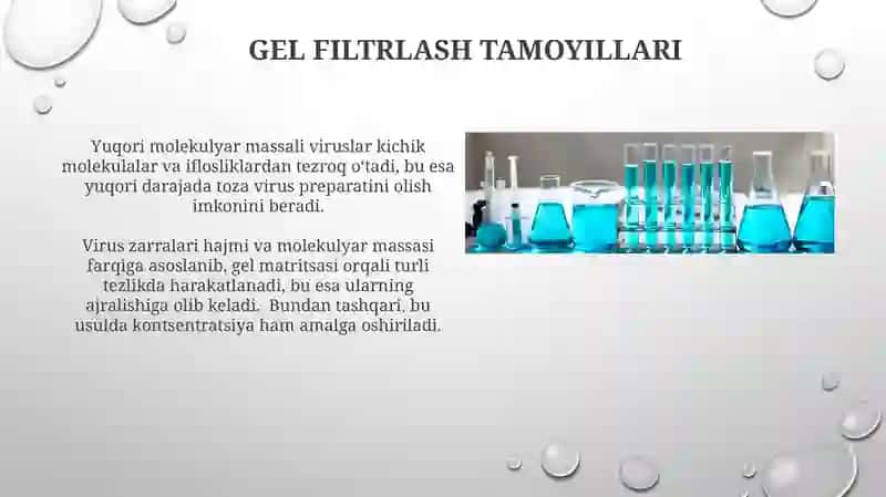 Viruslarni tozalash usullari (gelfiltratsiya, sentrifugalash, virus spesirik xromatografiy) 4