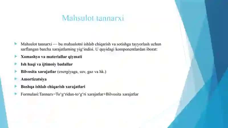 ISHLAB CHIQARISH XARAJATLARI VA MAHSULOT TANNARXIGA BAHO BERUVCHI NATIJAVIY KO'RSATKICHLARNI TAHLILI 4