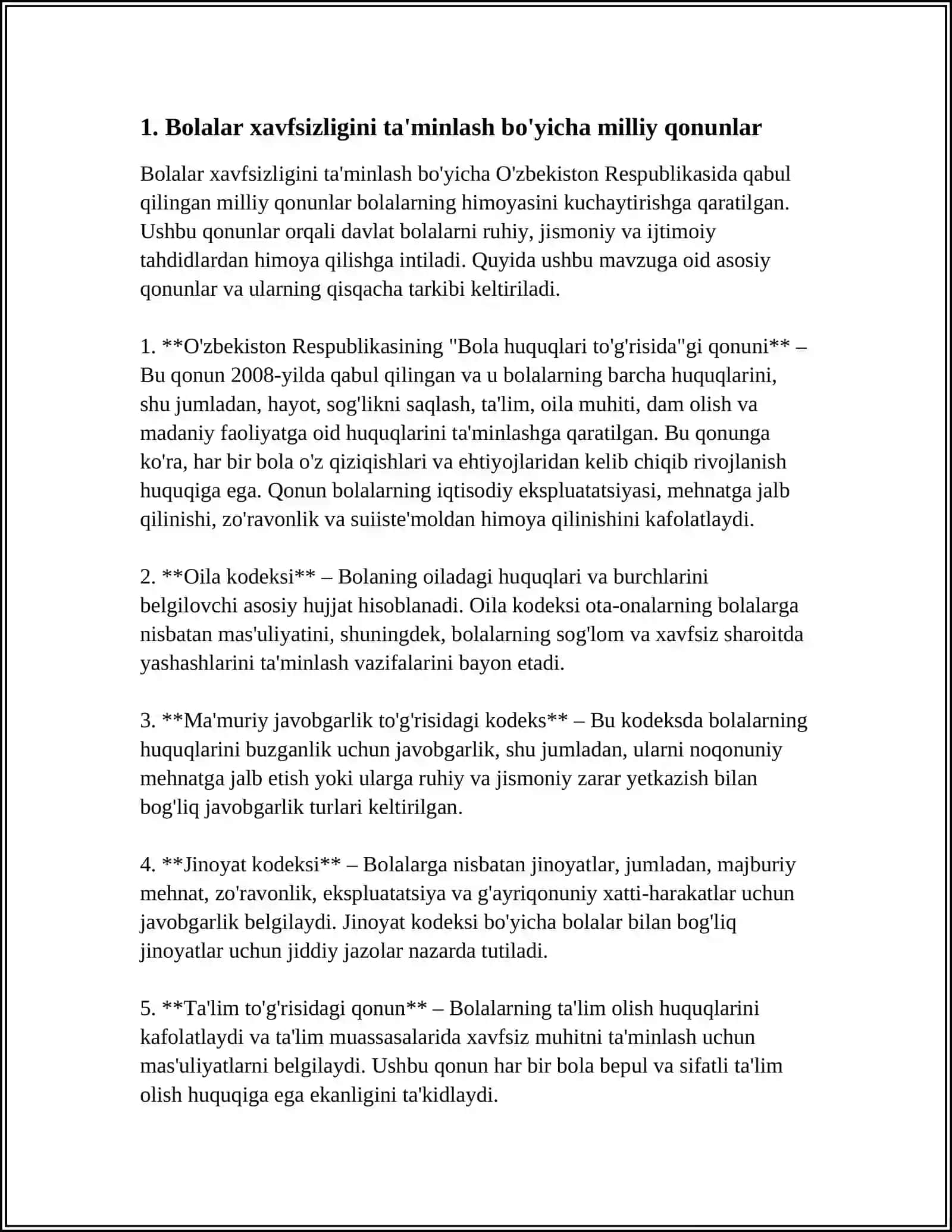 BOLALAR XAVSIZLIGINI BOSHQARISH BOYICHA QONUNLAR, QOIDALAR VA SIYOSATLAR 4