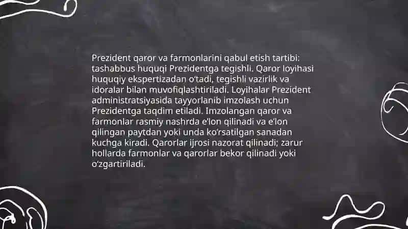 Prezident qaror, farmon va farmoyishlarning turlari va huquqiy kuchi 4