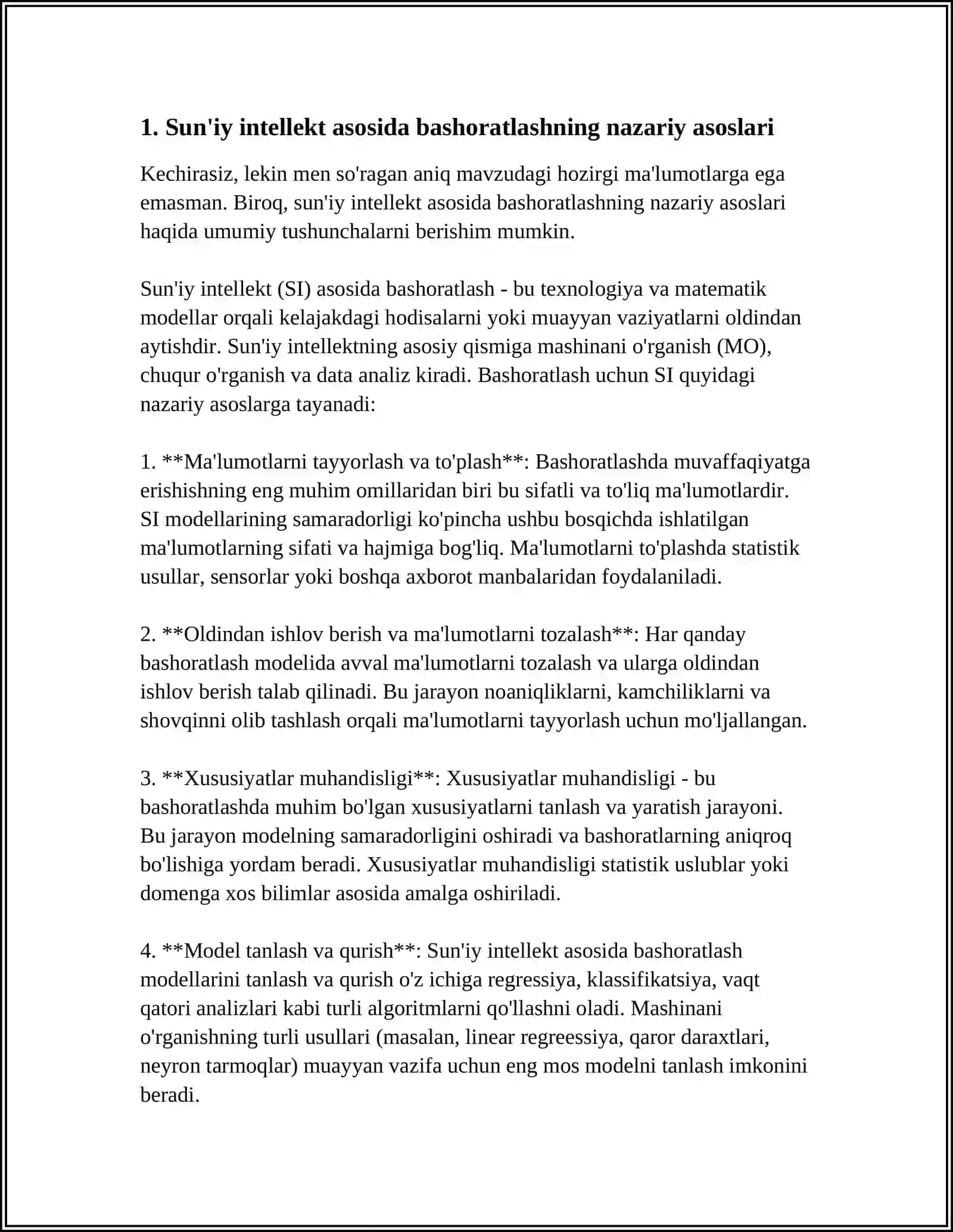 SUN' IY INTELLEKT ASOSIDA BASHORATLASH ( PRAGNOZLASH ) MODELLARI 4