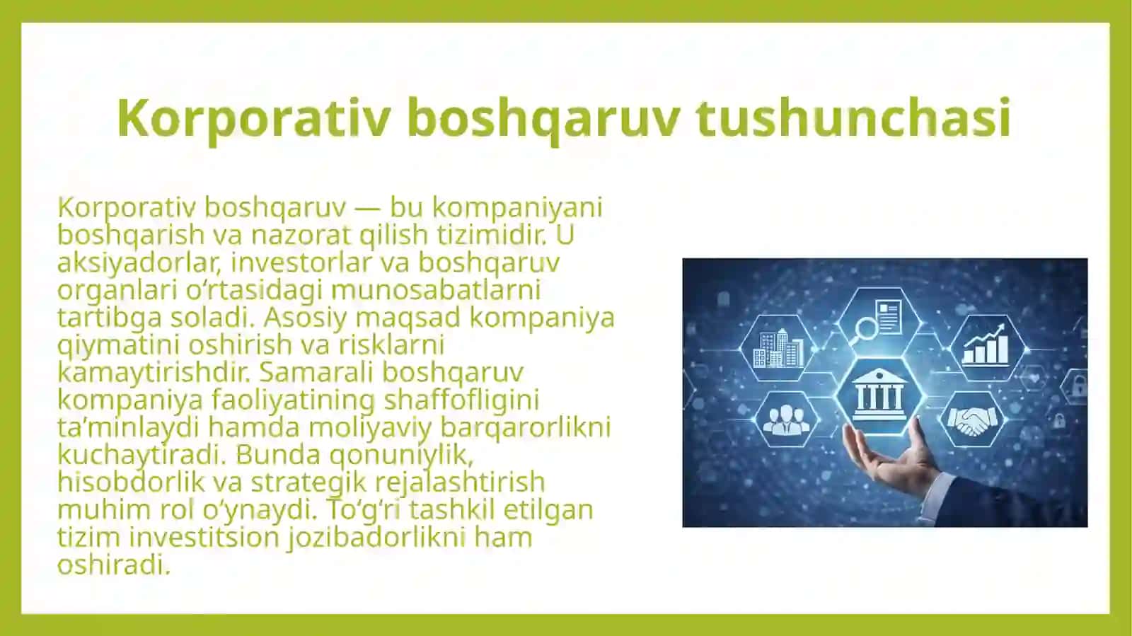 Korporativ boshqaruvda hamkorlik investorlar, kompaniyalar va direktorlar kengashi 4
