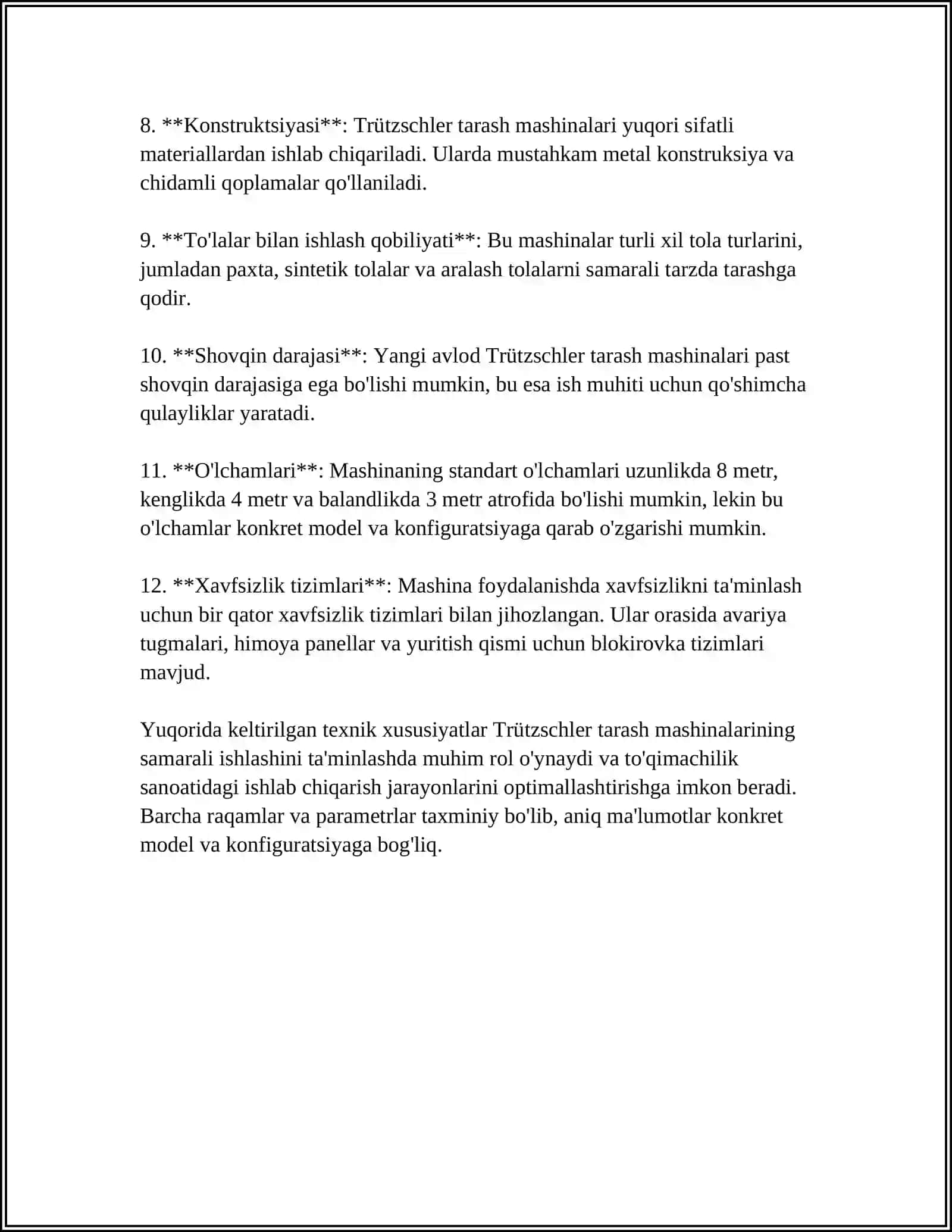TRUETZCHLER, RIETER MARZOLI FIRMALARINING TARASH MASHINALARINING QIYOSIY TAHLILI 4