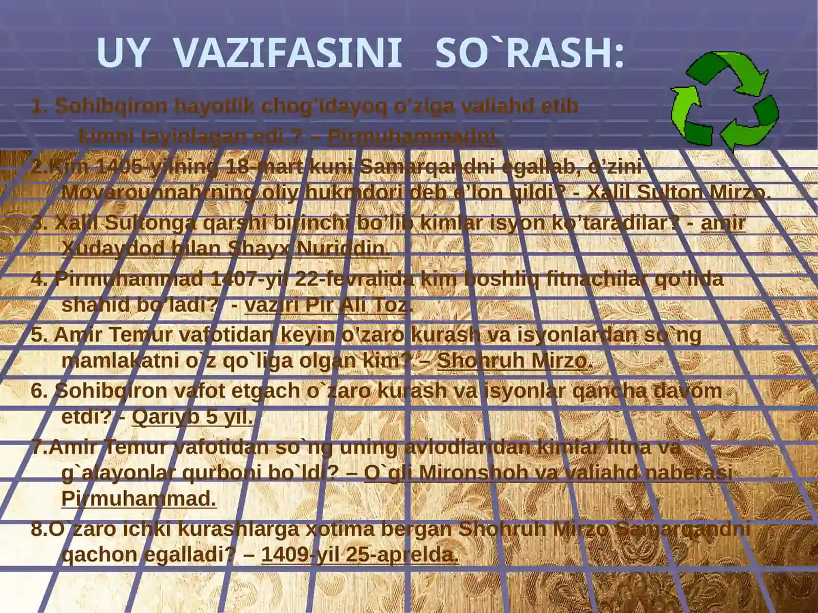 7-sinf O'zbekiston tarixi Mirzo Ulug'bek ma'rifatparvar davlat arbobi dars ishlanmasi 4