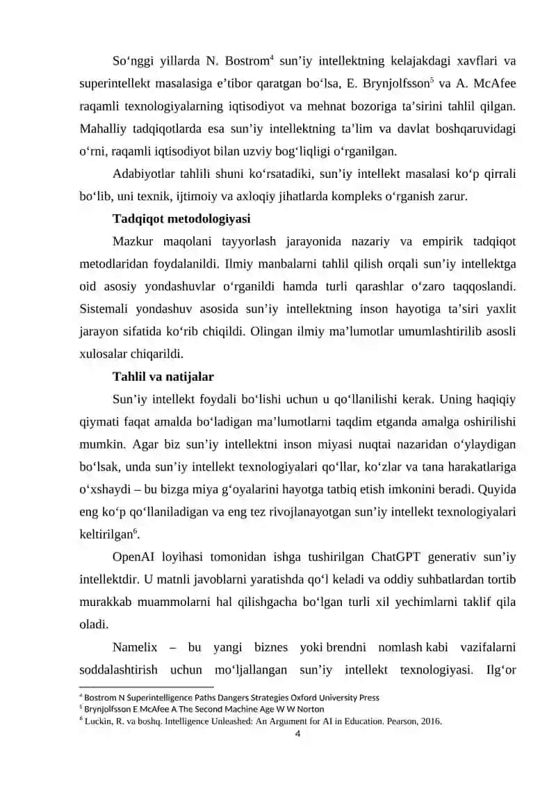 SUN’IY INTЕLLЕKTNING INSОN HАYОTIDА TUTGАN О‘RNI, АFZАLLIKLАRI VА KАMСHILIKLАRI 4
