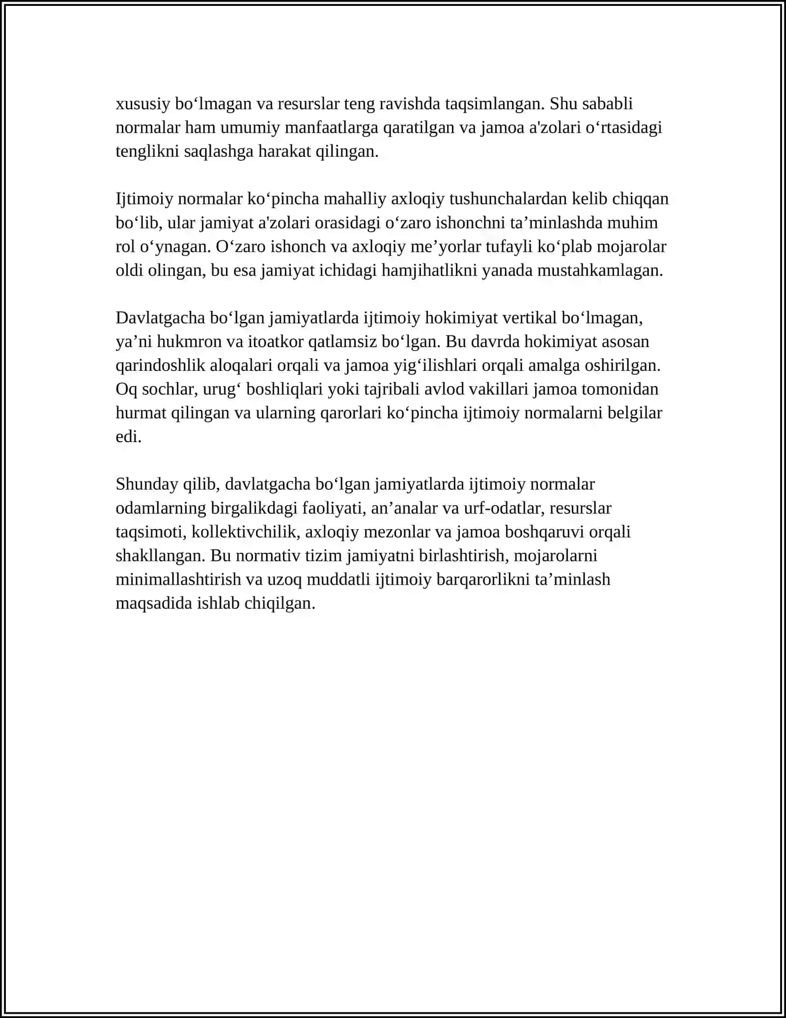 DAVLATGACHA BOʻLGAN JAMIYATLARDA IJTIMOIY NORMALAR VA IJTIMOIY HOKIMIYAT ORTIQCHA NARSALA KEREMAS 4
