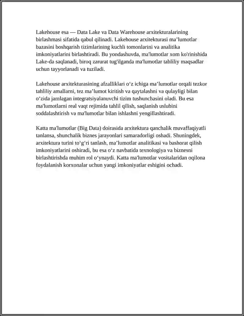 Katta ma'lumot arxitekturasi: Data Lake, Data Warehouse va Lakehouse 4