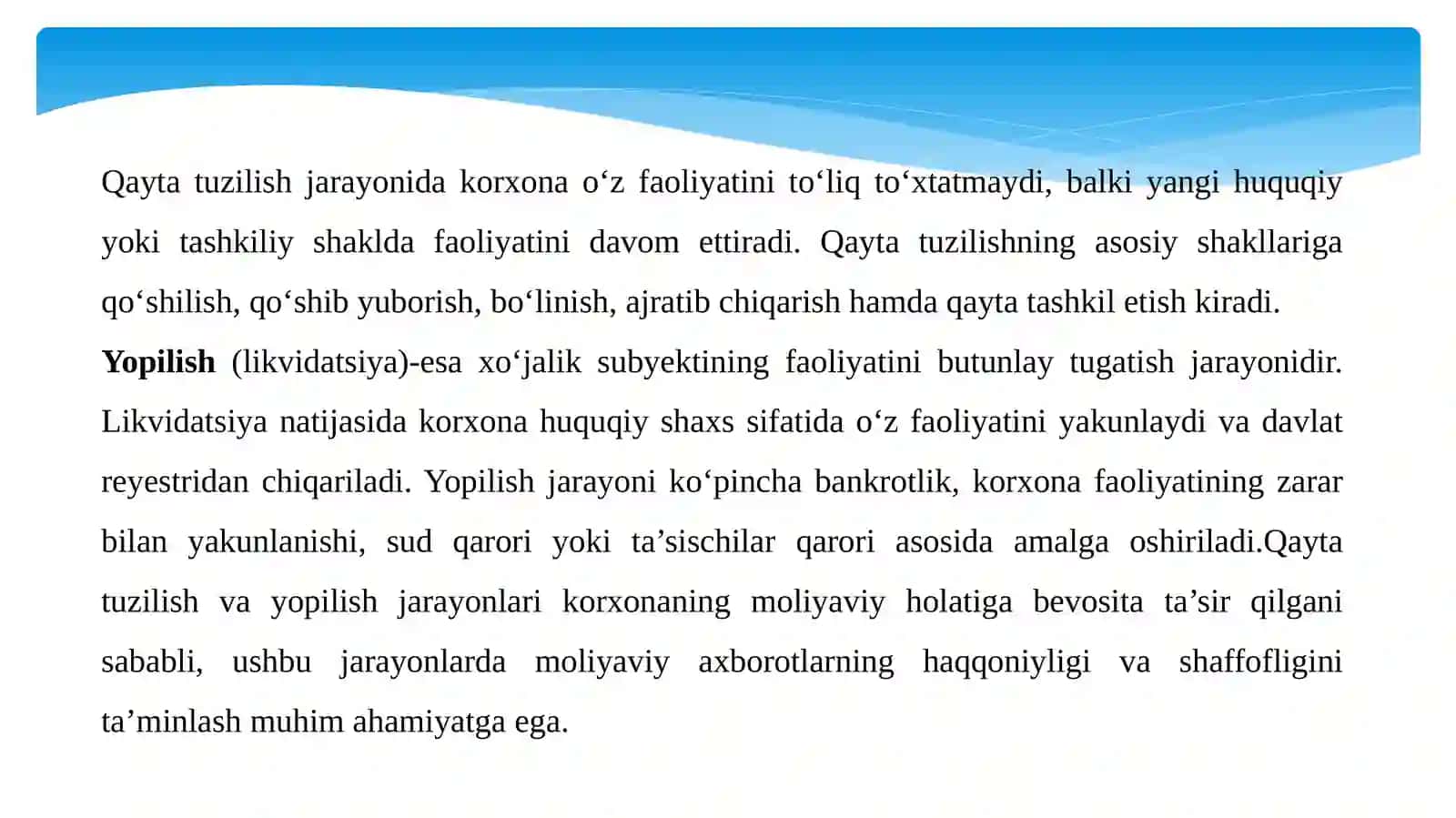 Xoʻjalik subʼektlarining qayta tuzilishi va yopilishi jarayonida bajariladigan auditorlik amallari mazmuni 4