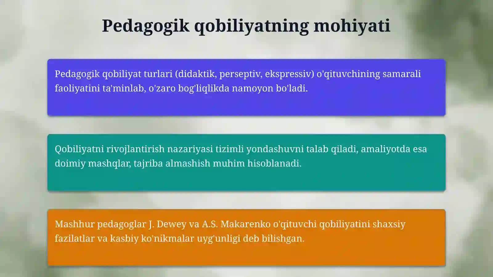 O'qituvchi faoliyatida pedagogik qobiliyat. Kommunikativ malakalar va ta'sir koʻrsatish 4