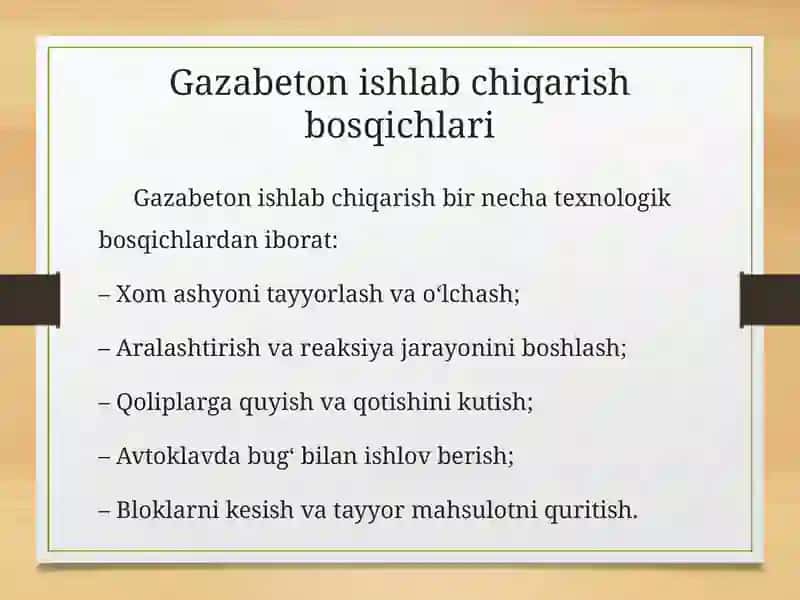 Gazabetonlarning ishlab chiqarish texnologiyasi 4