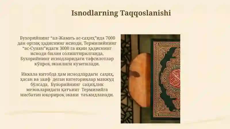 "Imom Buxoriy va Imom Termiziyning hadis ilmiga qo'shgan hissalarini qiyosiy tahlili" 4