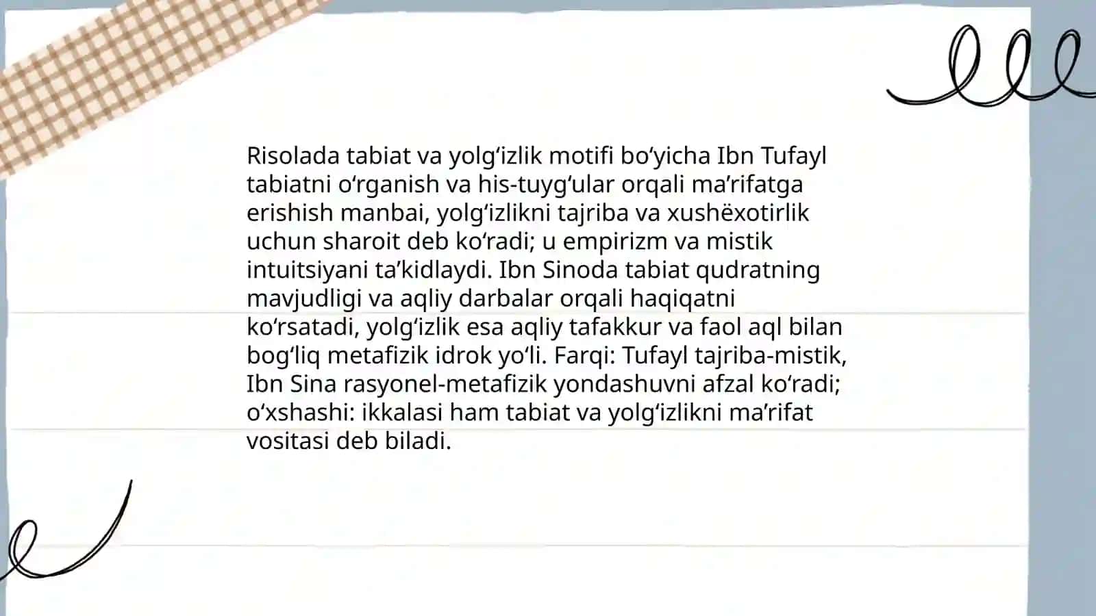 Ibn Tufayl va Ibn Sinoning "Xay ibn Yakzon o’g’li" risolasini qiysiy tahlil etish va esse tayyorlash 4