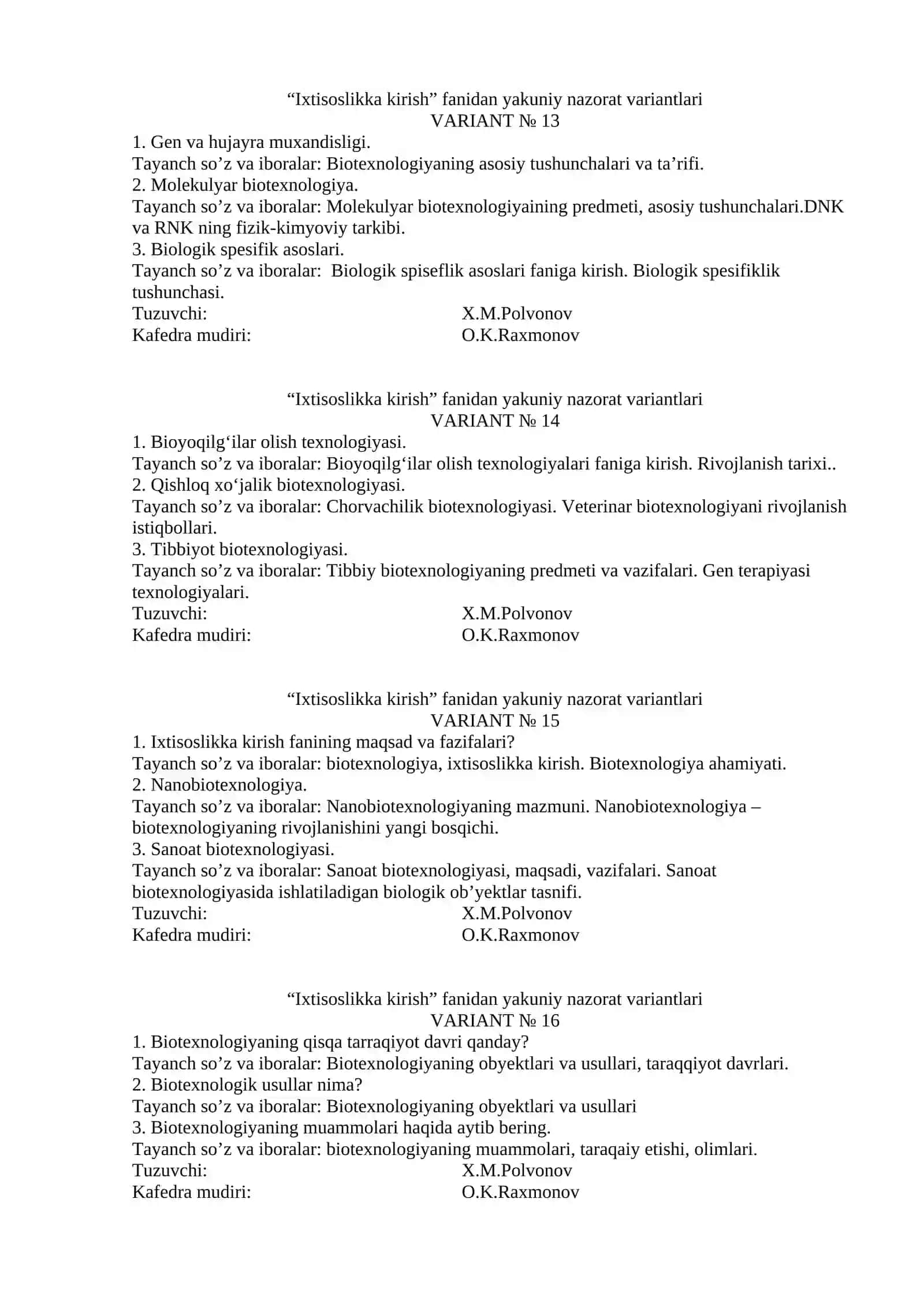 Ixtisoslikka kirish fanidan yakuniy nazorat variantlari 4
