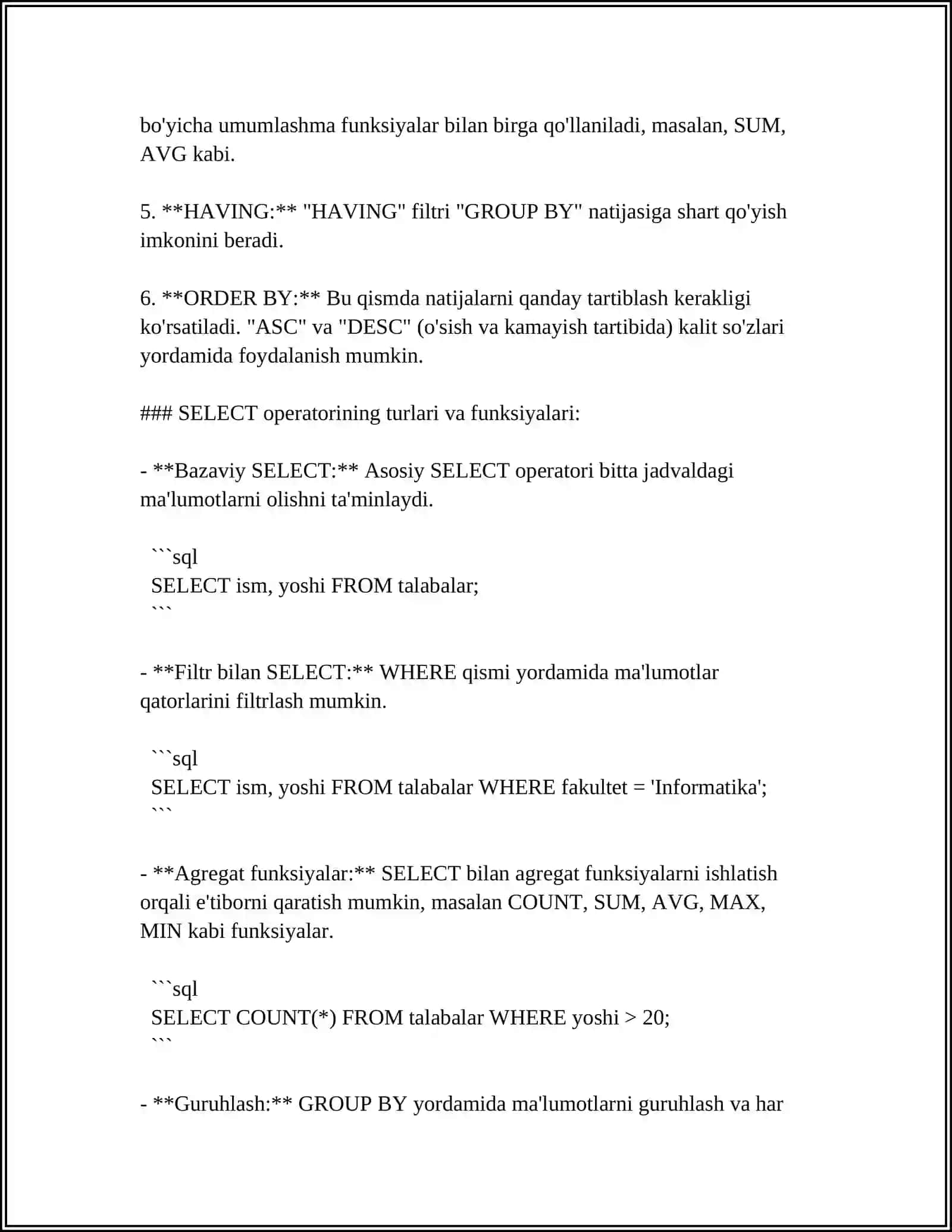 SQL TILI. SQL OPERATORLARINI YOZISH 4