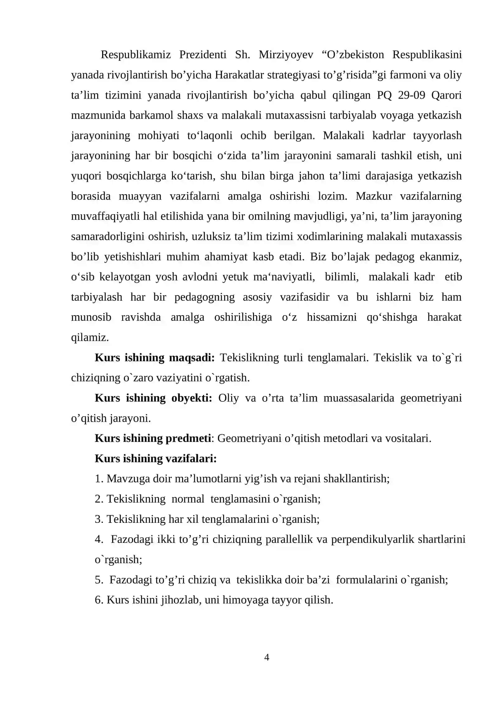 Tekislikning turli tenglamalari. Tekislik va to`g`ri chiziqning o`zaro vaziyati 4