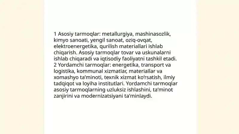 Sanoatning tarmoqlar va tarkibi va o'ziga xos xususiyatlarini o'rganish 4