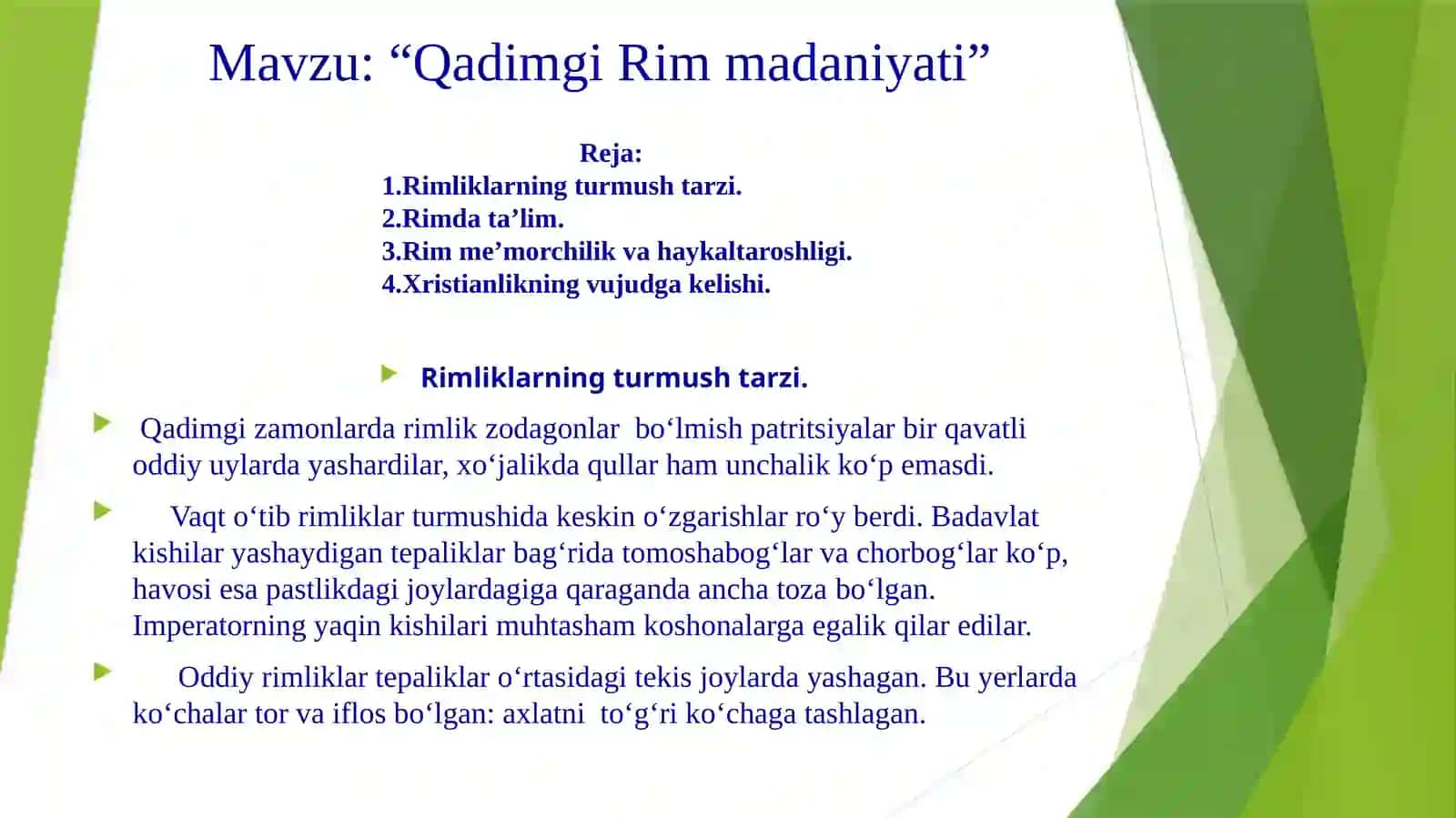 6-SINF TARIX FANIDAN “QADIMGI RIM MADANIYATI” MAVZUSI TAYYORLAGANDARS TAQDIMOTI 4
