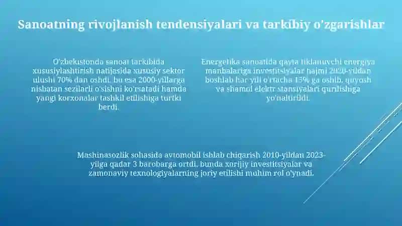 Mustaqillik yillarida qishloq xo'jaligi va sanoat sohasidagi o'zgarishlar 4