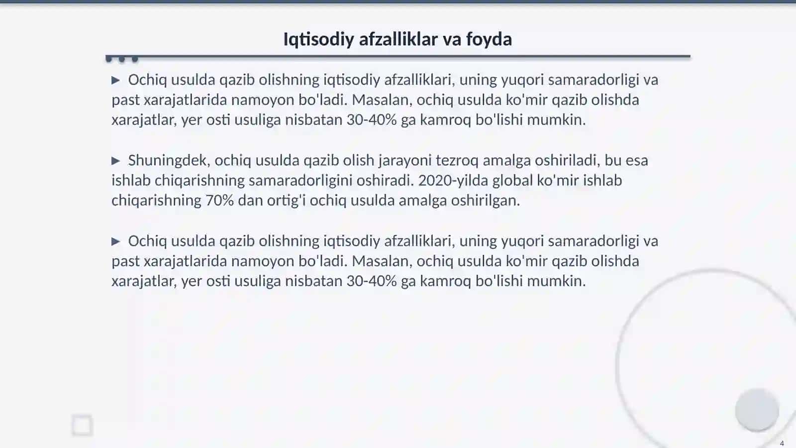 Foydali qazilmalarni ochiq usulda qazib olishning afzalliklari va kamchiliklari 4