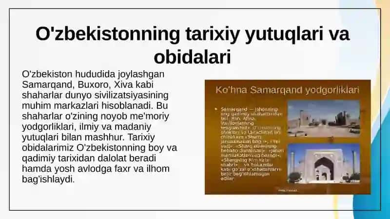Erkin va farovon, demokratik O'zbekiston davlatini birgalikda barpo   etamiz.  O'zbekiston o'tmishi ham, kelajagi ham buyuk davlat. 4