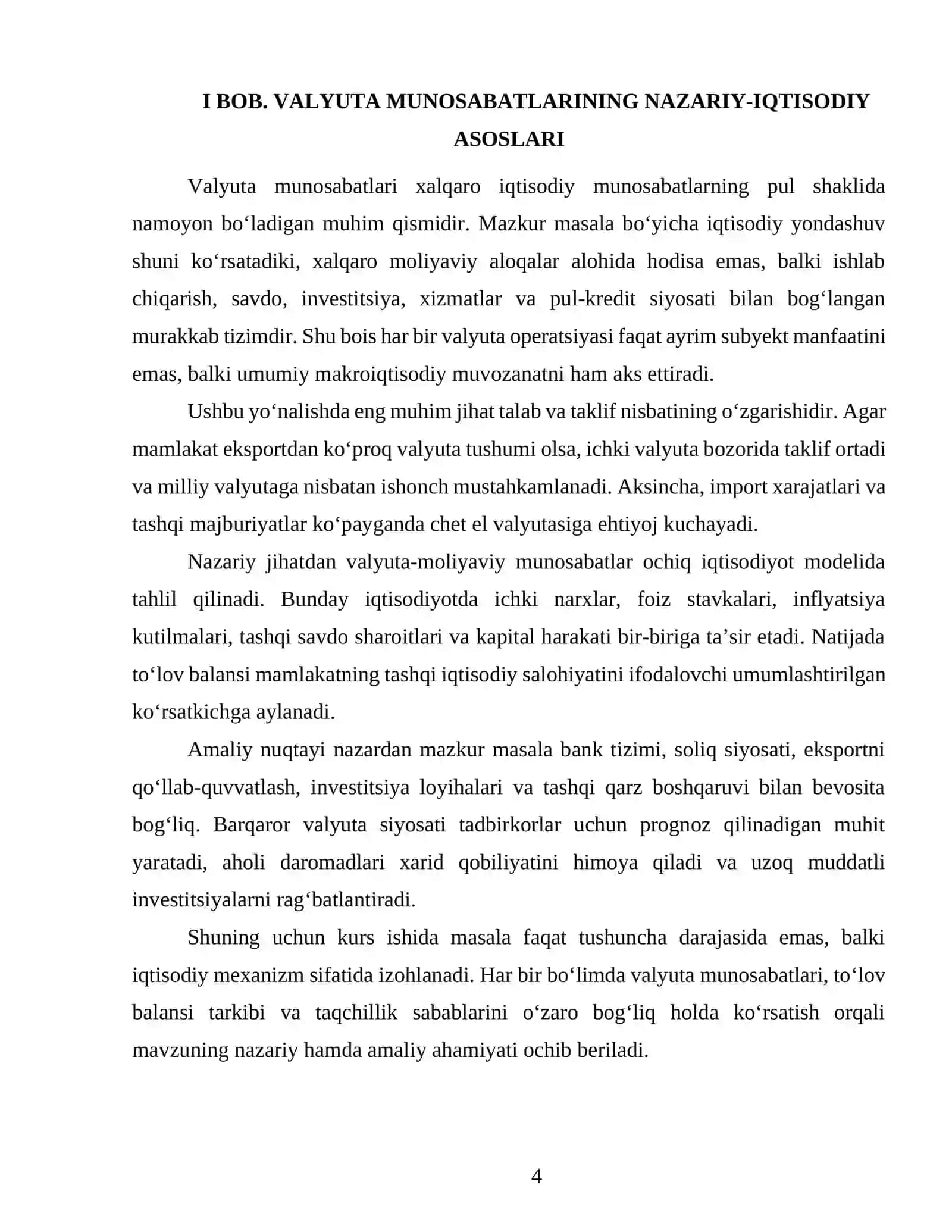 VALYUTA MUNOSABATLARI, TO‘LOV BALANSI VA UNING TAQCHILLIGI 4