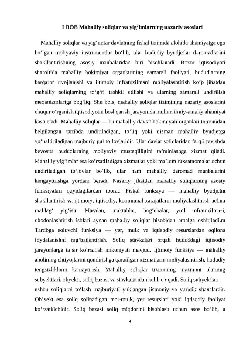 Oʻzbekiston respublikasida mahalliy soliqlar va yigʻimlarning amal qilish mexanizmi kurs ishi 4