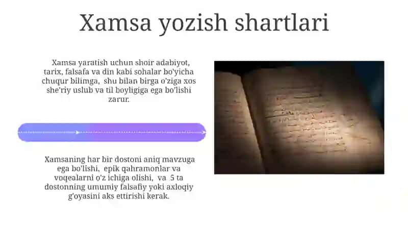 Xamsanavislik, xamsa yozish shartlari, xamsa dostonlari tahlili 4