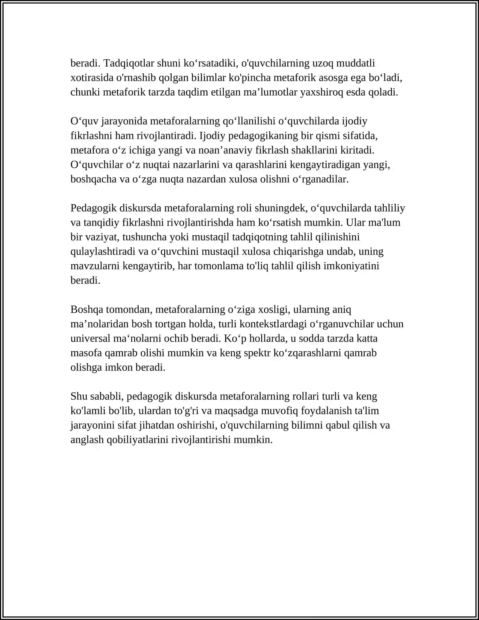 MUSTAQIL ISH Mavzu: PEDAGOGIK DISKURSDA METAFORA VA OBRAZLILIK 4
