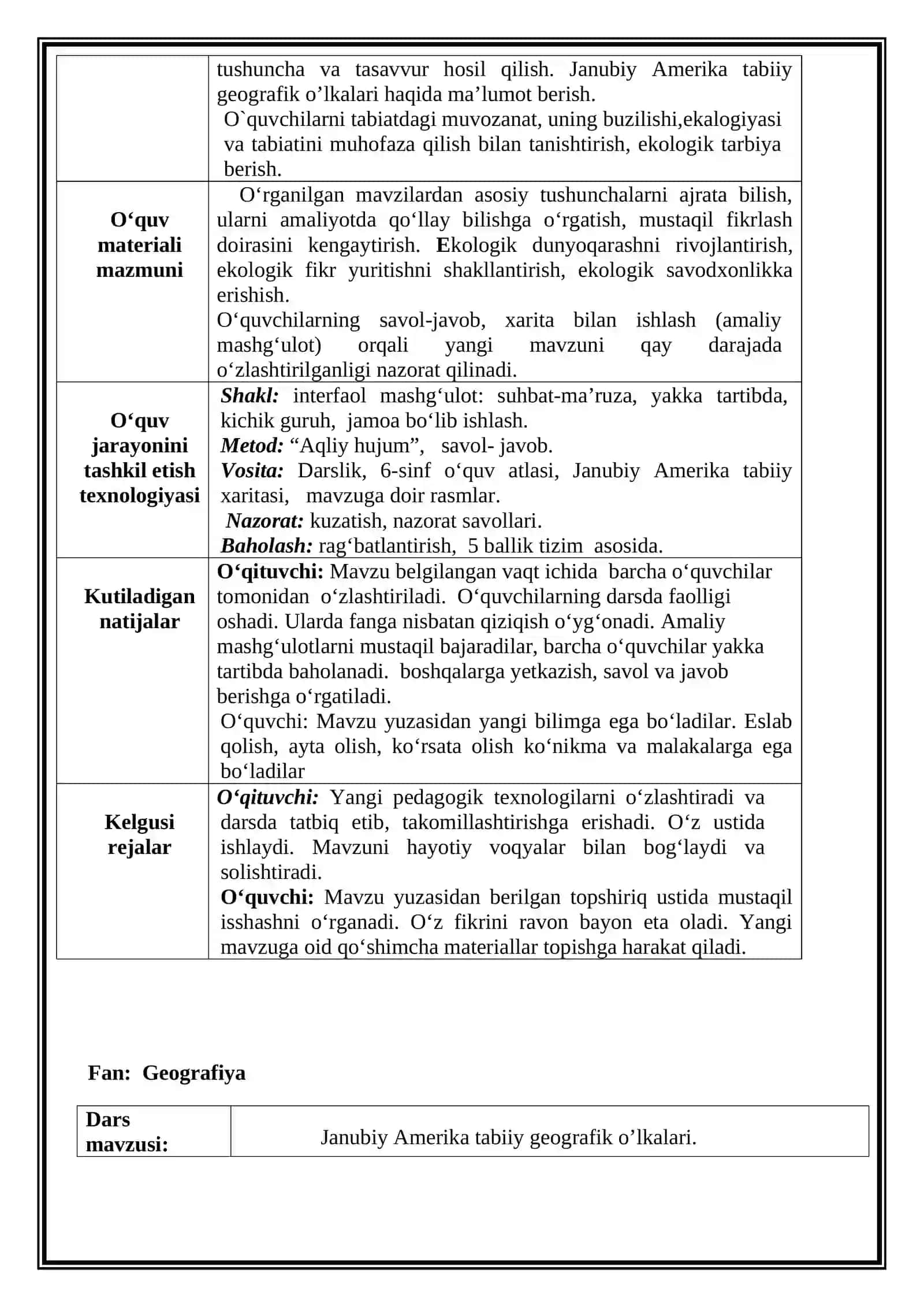 7-sinf Geografiya fanidan ochiq dars ishlanma. Janubiy Amerika tabiiy geografik o'lkalari 4