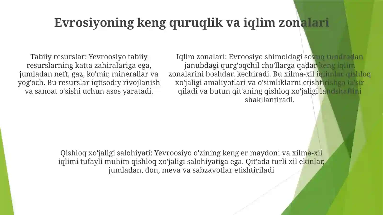 Referat ma’ruza tayyorlash: Bu qism tadqiqotchilarga “Yevrosiyoning tabiiy-agrar imkoniyatlari” mavzusida ma’lumot beruvchi va qiziqarli mavhum ma’ruza tayyorlash jarayonida yo‘l-yo‘riq ko‘rsatishga qaratilgan 4
