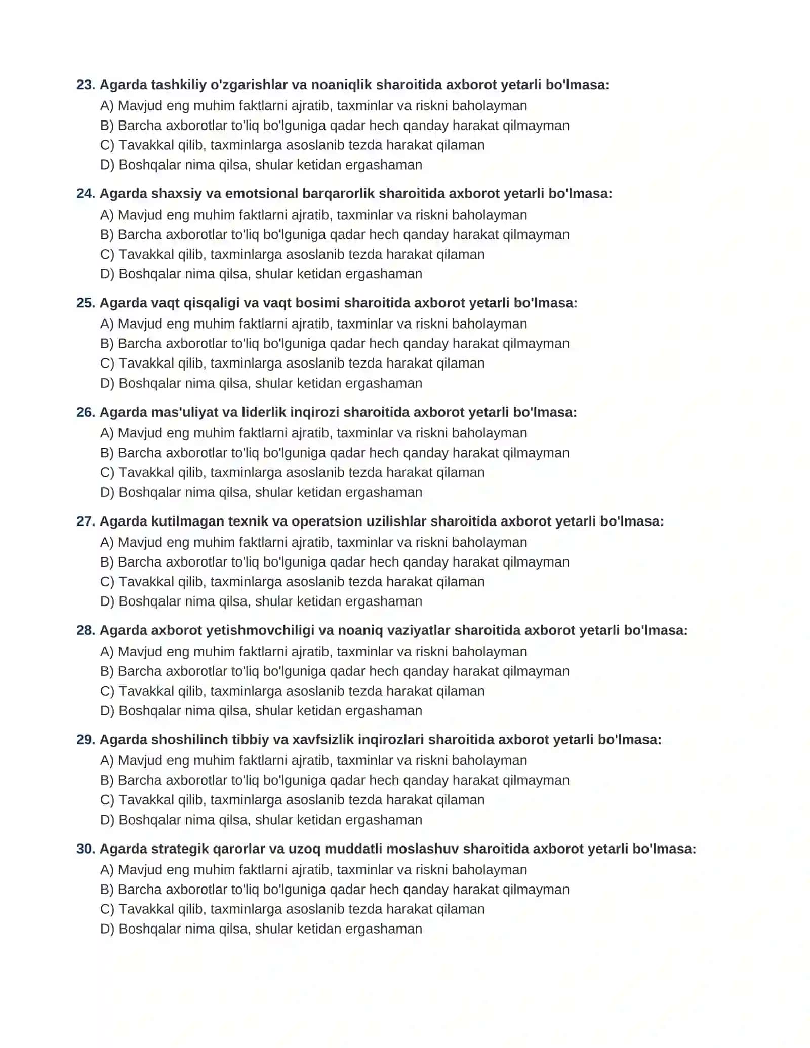 INQIROZLI VAZIYATLARDA QAROR QABUL QILISH VA STRESSGA CHIDAMLILIK DIAGNOSTIK TESTI 4