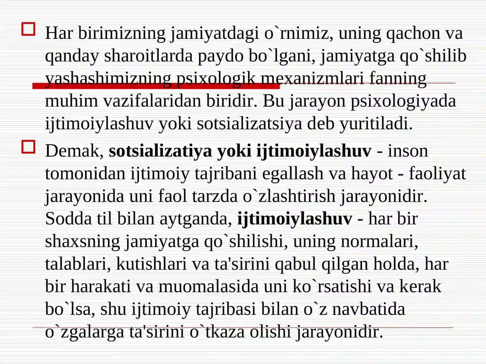 SHAXSNING JAMIYATDA IJTIMOIYLASHUVI VA BOSHQARUV PSIXOLOGIYASI. SHAXS IJTIMOIYLASHUVI VA IJTIMOIY HULQ-ATVOR 4