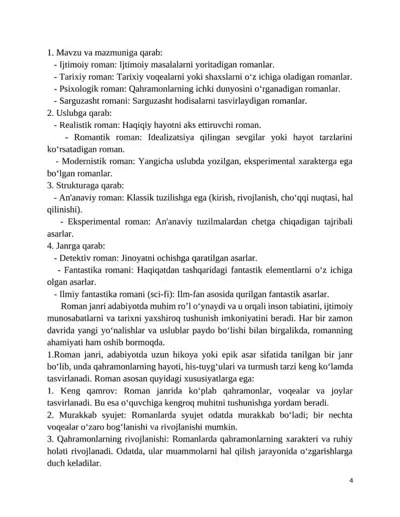 ROMAN JANRI VA UNING TASNIFI 4