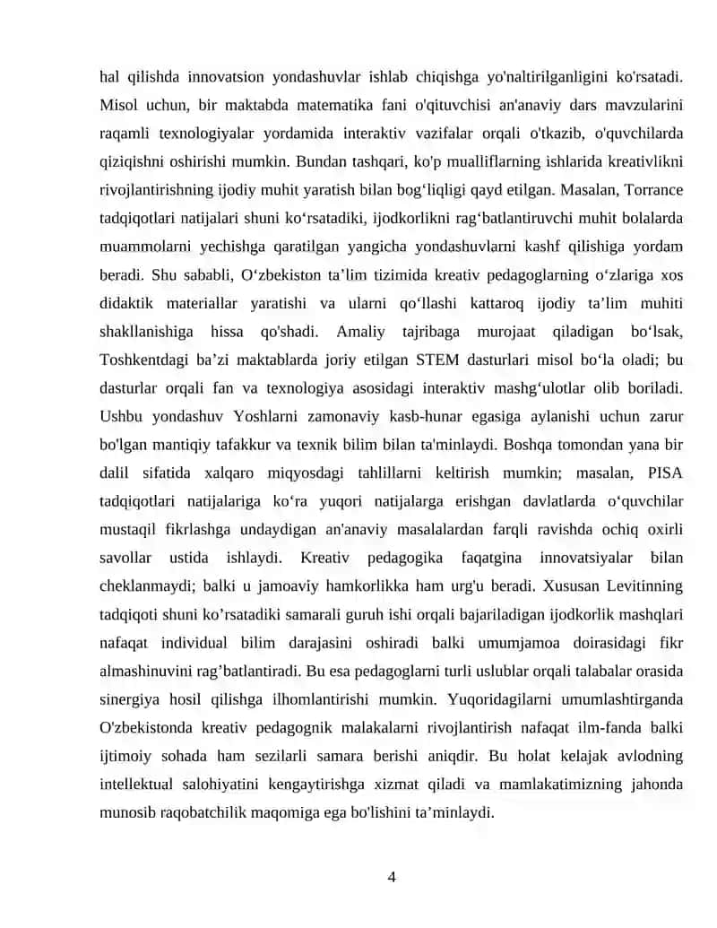 Oʻzbekistonda Kreativlik imkoniyatiga ega pedagoglarda namoyon bo'ladigan malakalar 4