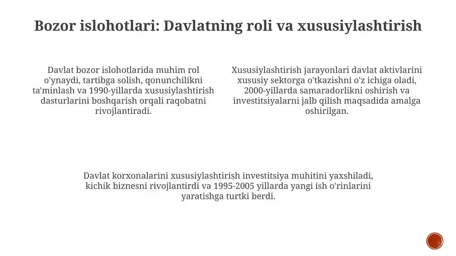 Oʻzbekiston Respublikasida bozor munosabatlarining rivojlanishi,yoʻnalishlari,bosqichlari 4