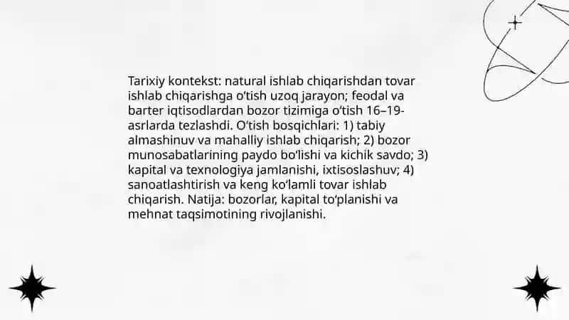 Natural ishlab chiqarishdan tovar ishlab chiqarishga o‘tish jarayonining iqtisodiy ahamiyati 4