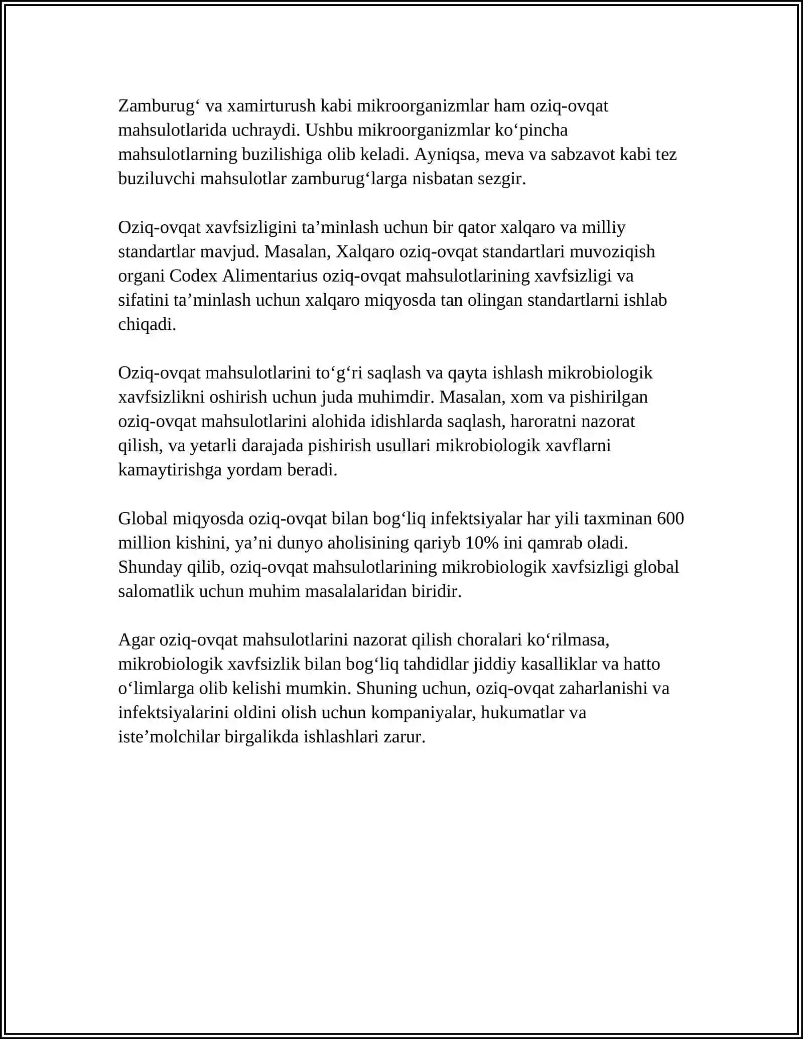 OZIQ OVQAT MAHSULOTLARINING BIOLOGIK MIKROBIOLOGIK HAVFSIZLIGINI TA'MINLASH VA MIKROORGANIZMLARNI FAOLIYATINI OʻRGANISH 4