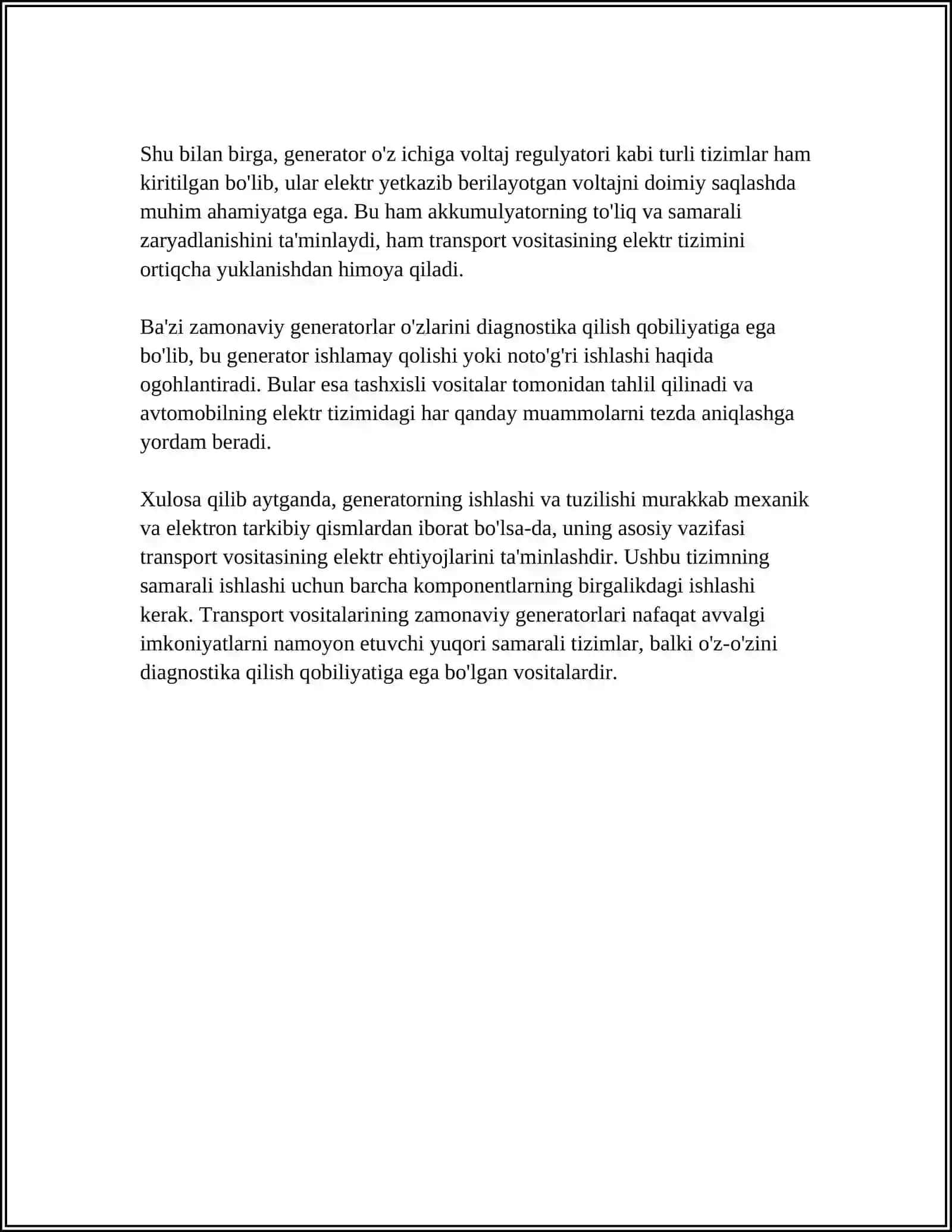 GENERATOR,TOK TOʻGʻRILAGICH, RELESOZLAGICH, STARTER, ELEKTR SIMLARI, OʻLCHOVCHI-NAZORAT YORITISH ASBOBLARI TXK ISHLARI TEXNOLOGIYASI 4
