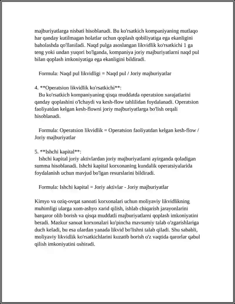 KIMYO VA OZIQ OVQAT SANOATI KORXONALARI MOLIYA KO'RSATGICHLARI 4