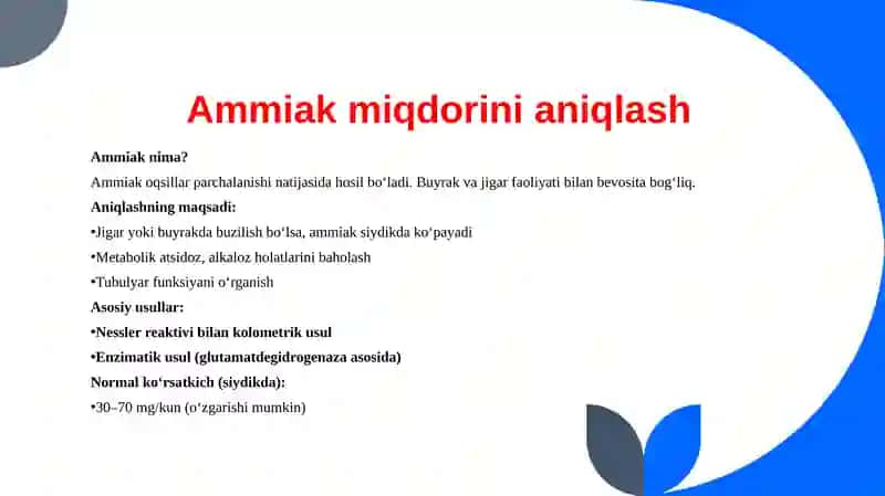 BUYRAK SINAMALARI.SIYDIKDA QOLDIQ AZOT,AMMIAK,KREATININ, MOCHEVINA MIQDORINI ANIQLASH 4